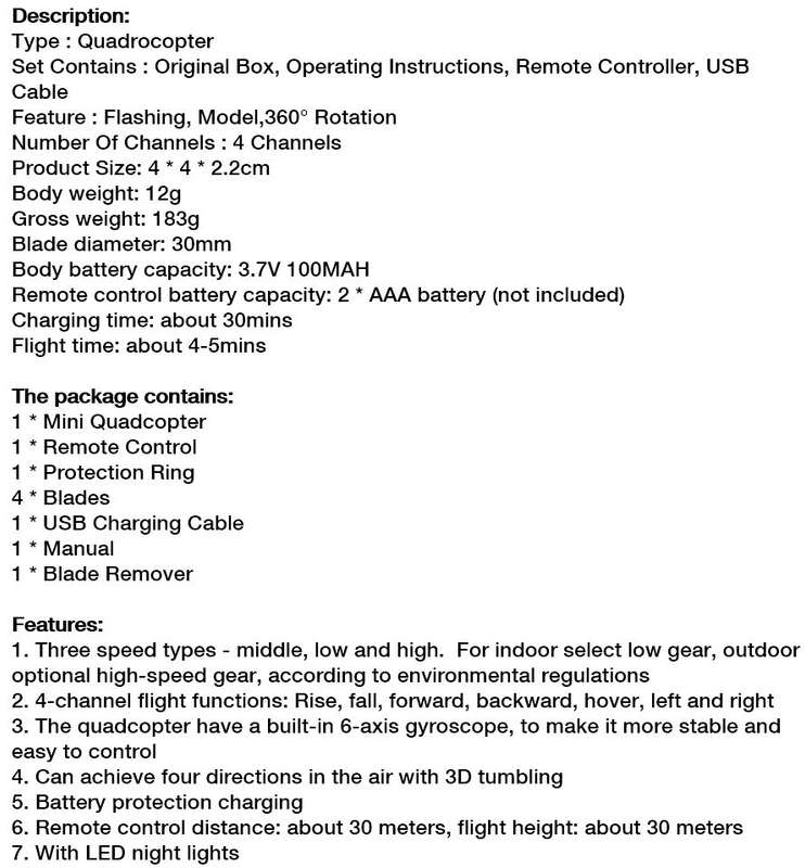 2.4GHZ 6 Axis Mini Remote Control Quadcopter 360° Rotation, LED Lights, 3D Stunts