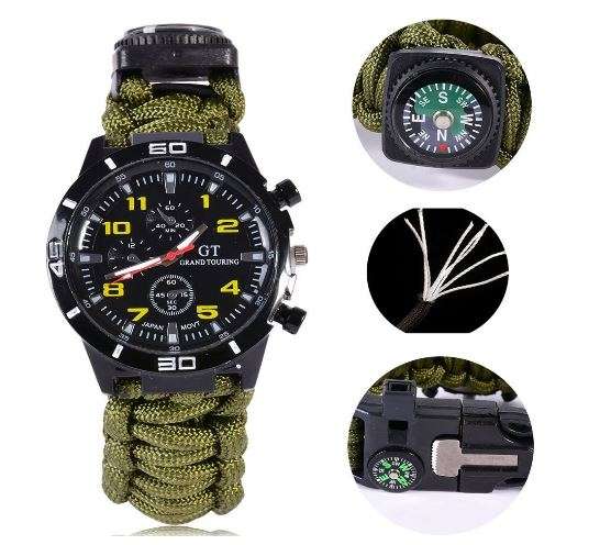 Outdoor Survival Wrist Watch with Compass, Whistle, Flint, Fire Starter Thermometer & Para cord Rope