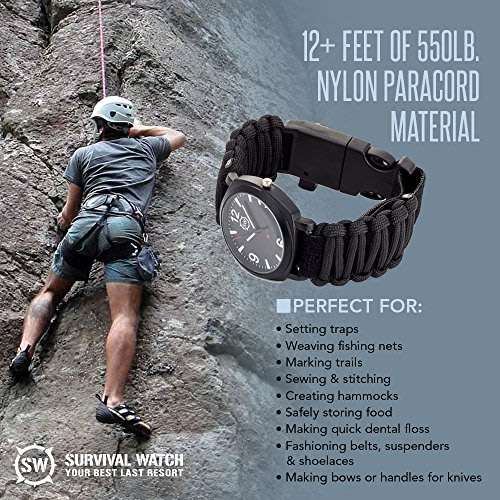 Outdoor Survival Wrist Watch with Compass, Whistle, Flint, Fire Starter Thermometer & Para cord Rope