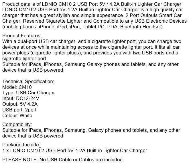 High Quality LDNIO 4.2 Dual USB Interface and 1 Socket Adapter Car Charger for IOS & Android
