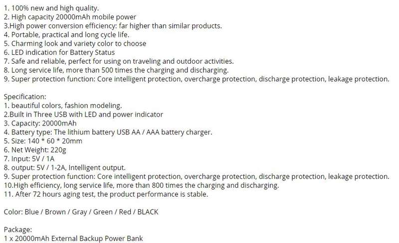 20 000mAh USB Power Bank for Charging of Electronic Devices With LED Flashlight