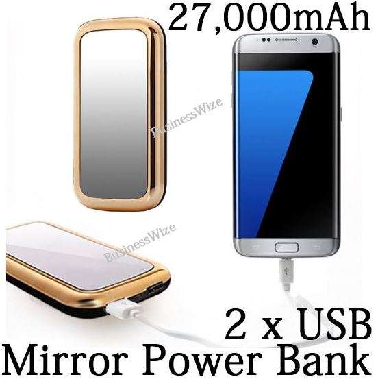 27 000 mAh Mirror Power Bank with 2 USB Ports for Charging of Electronic Devices, LED Flashlight
