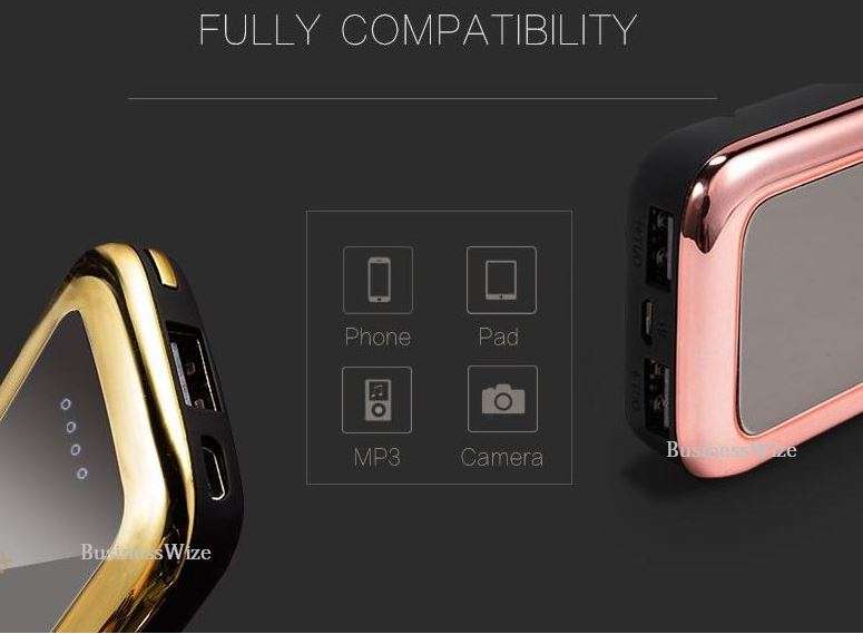 27 000 mAh Mirror Power Bank with 2 USB Ports for Charging of Electronic Devices, LED Flashlight