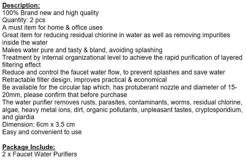 2 X Faucet Water Purifiers, Reducing Chlorine and Removing Impurities in the Water