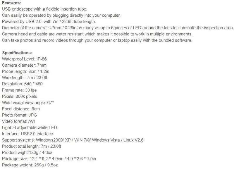 Waterproof HD Video Camera, USB, 6 LED's, 7 Meters