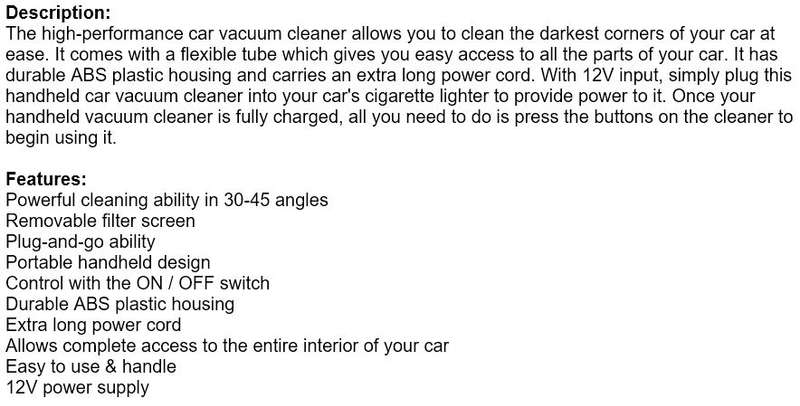 Portable High-Performance Car Vacuum Cleaner with 12V input
