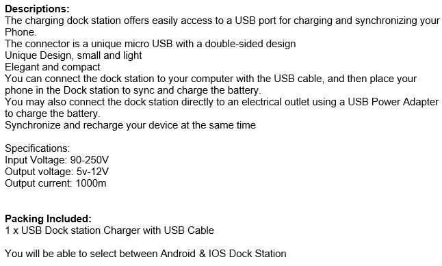 Micro USB Desktop Charger Dock Station & Sync Adapter for Smart Phones, Android, Type C or IOS
