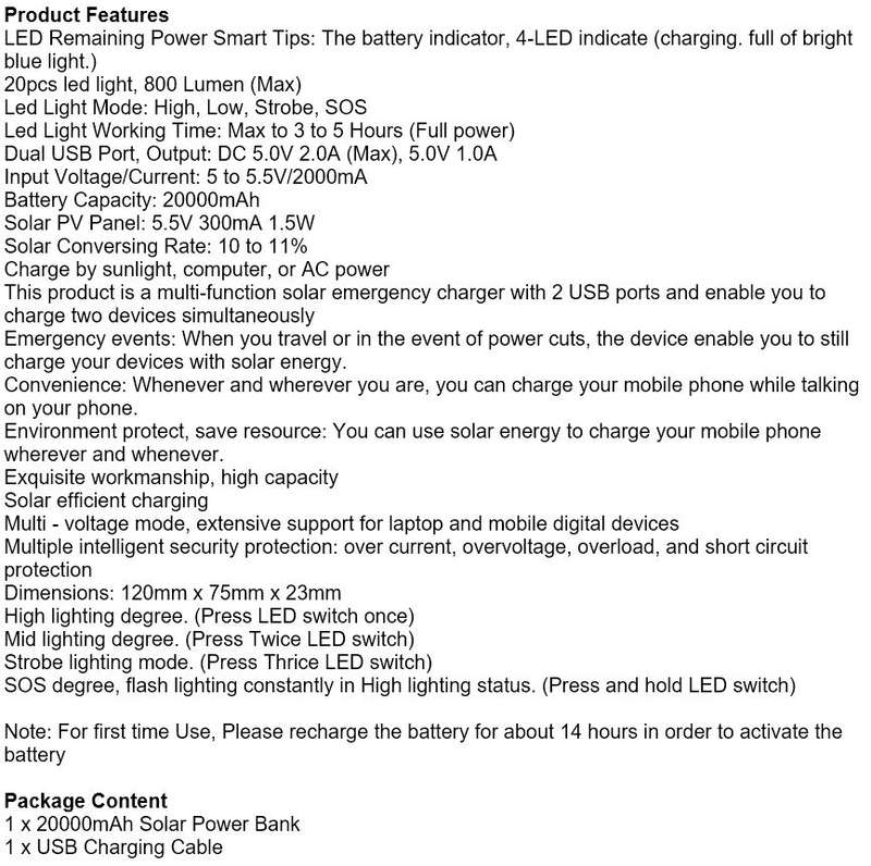 20,000mAh Dual USB SOLAR Power Bank with 20 LED Flash Light for all Your Outdoor Activities