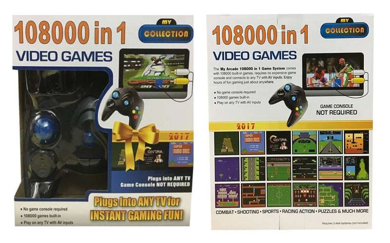 My Arcade 108000 in 1 Game System comes with 108000 built-in games.  Just Plug into TV and play