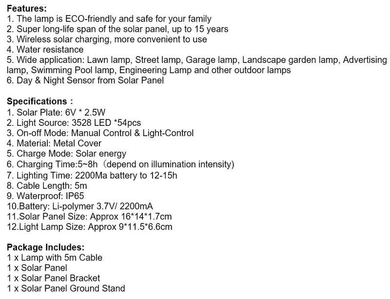 54 LED Solar Flood Light with 5 meter cable, Solar Panel, Solar Panel Bracket, Day & Night Sensor