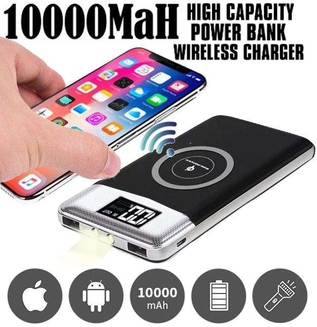 10000mAh Dual USB Power Bank & Wireless Charger, LED Digital Display & Flashlight