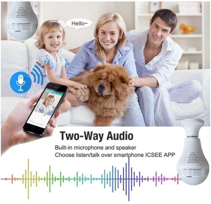WI-FI Wireless Two-Way Intercom 360° HD Panoramic IP Bulb Camera & Light, Support SD Card