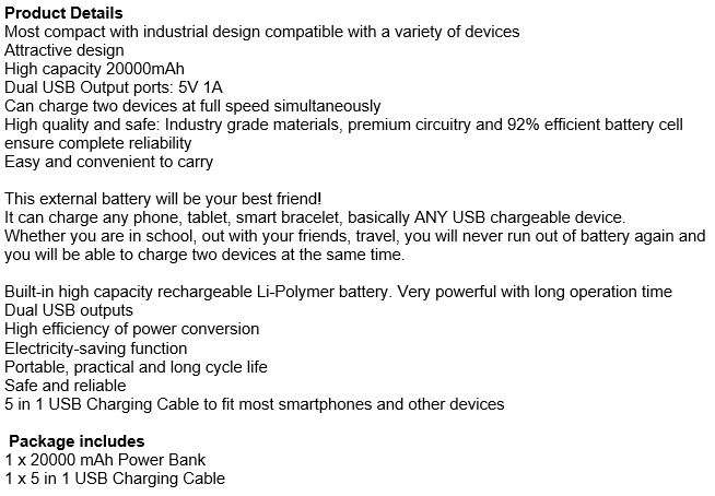 20 000mAh Power Bank Dual USB Ports for Charging of Electronic Devices With 5 in 1 Charging Cable