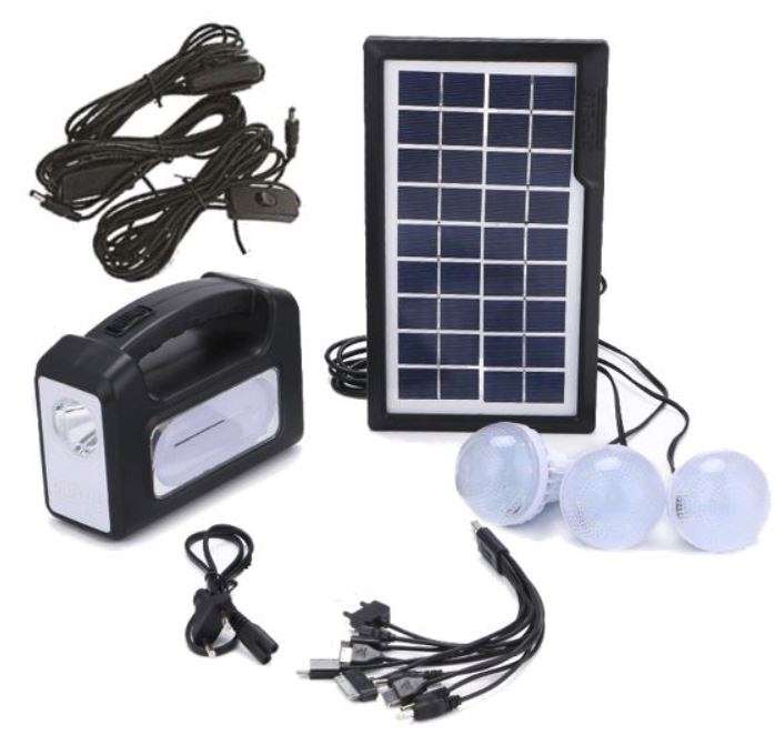 Home Solar System - Battery Control Unit, 3 LED Lamps, Solar Panel, Remote & 10 in 1 Charging Cable