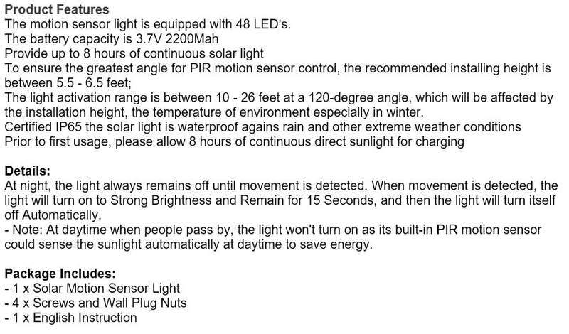 48 LED Solar Power Wall Light, PIR Motion Sensor, Waterproof, Night Sensor & Eco-friendly