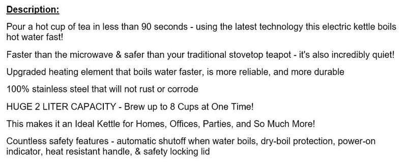 Cordless Electric Kettle - Huge 2.0 L Capacity, Stainless Steel, Boil Water Instantly
