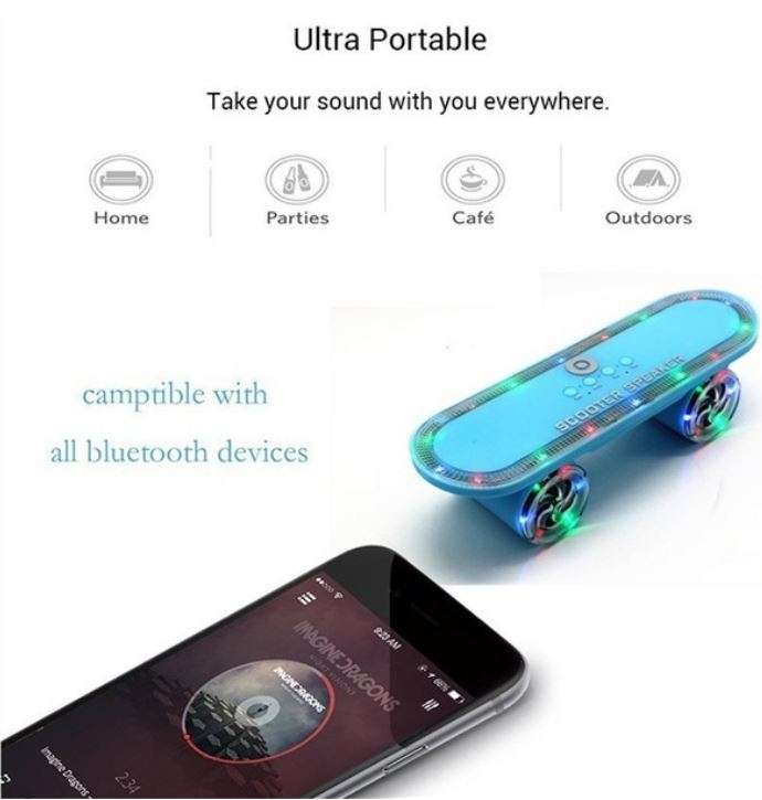 Portable Wireless Skateboard Bluetooth Speaker with Microphone, Support USB, SD Card & Aux-in