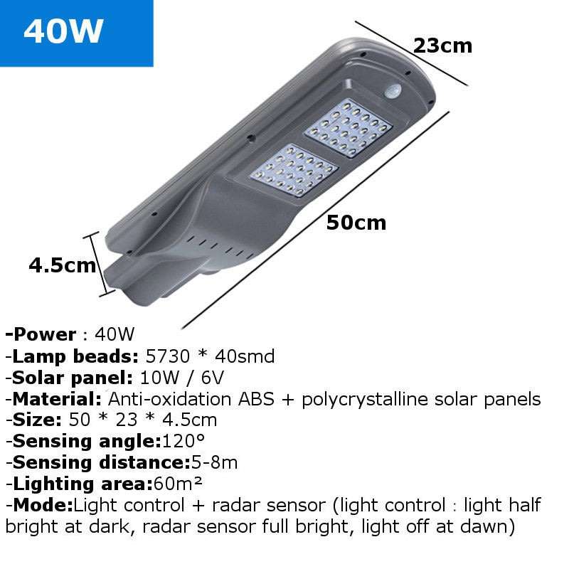40 WATT LED SOLAR Street or Wall Light, PIR Motion Sensor, Waterproof with 3 Lighting modes