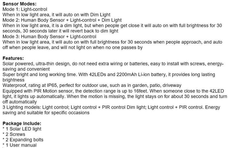 40 WATT LED SOLAR Street or Wall Light, PIR Motion Sensor, Waterproof with 3 Lighting modes