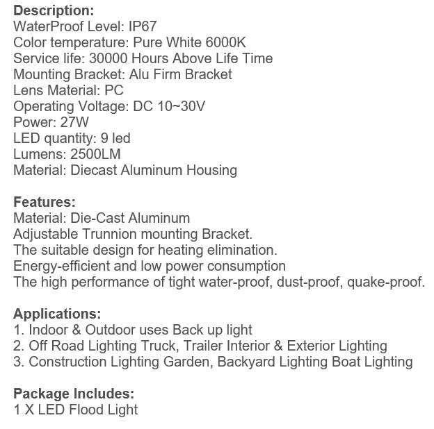 27W Waterproof 2500 Lumens Pure White 6000K LED Work Flood Spot Light