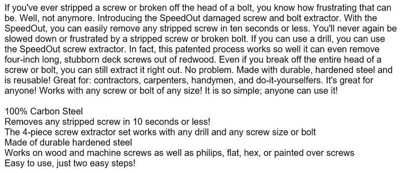 4 Piece Damaged Screw Extractor Set - Remove any stripped screw in 10 seconds or less with any drill