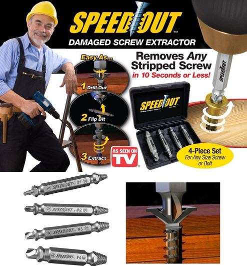 4 Piece Damaged Screw Extractor Set - Remove any stripped screw in 10 seconds or less with any drill