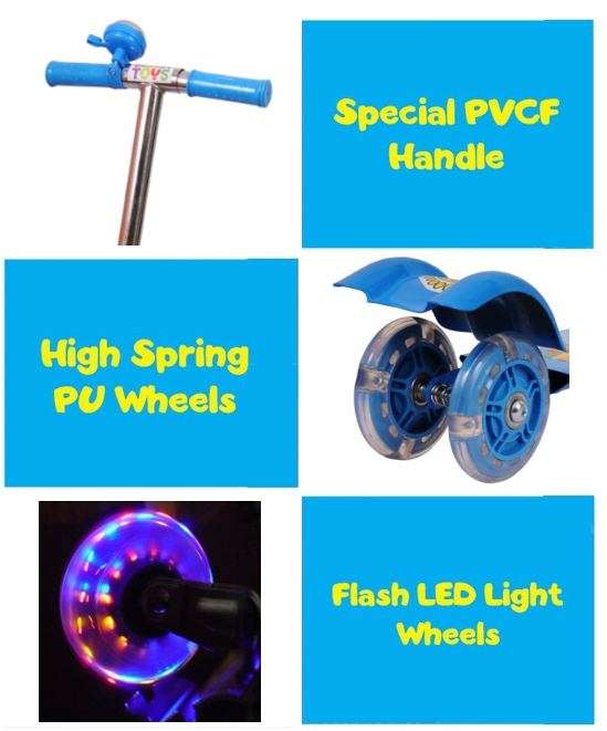 Three Wheel Adjustable Height Metal Folding Skate Scooter with Led Lights and Bell in Blue or Pink