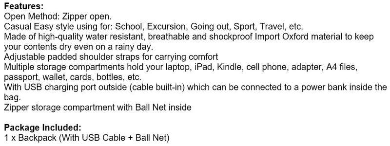 USB Interface Sports Backpack with ball net zipper compartment & Multiple Storage Compartments
