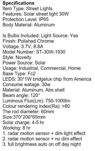 30W LED SOLAR Street or Wall Light, PIR, Motion Sensor, Waterproof with 3 modes