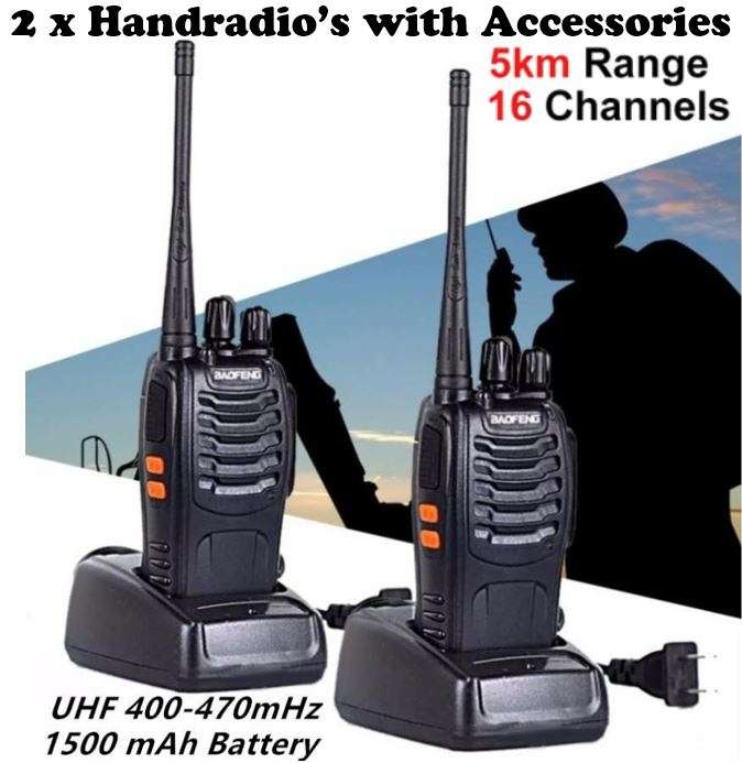 2 X Handheld Walkie Talkie Hand Radio Set with 16 Channels, 3 - 5 km talking range etc