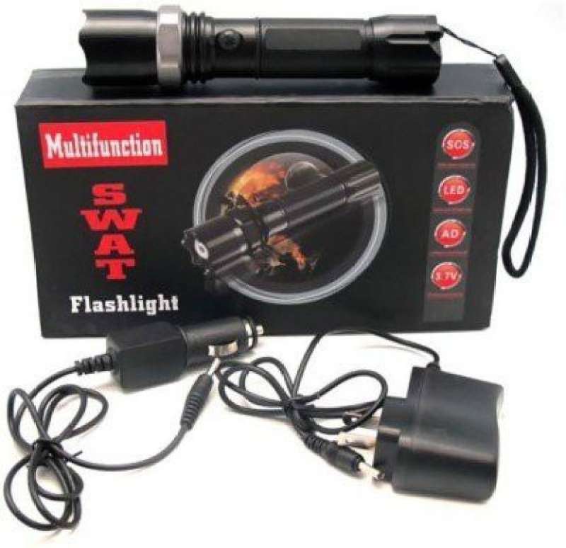 Tactical Swat Rechargeable Zoom able LED Flashlight, Battery, Charger, Car Charger & Safety Wand