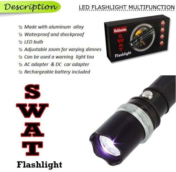 Tactical Swat Rechargeable Zoom able LED Flashlight, Battery, Charger, Car Charger & Safety Wand