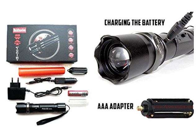 Tactical Swat Rechargeable Zoom able LED Flashlight, Battery, Charger, Car Charger & Safety Wand