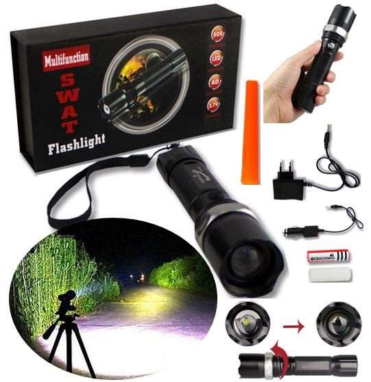 Tactical Swat Rechargeable Zoom able LED Flashlight, Battery, Charger, Car Charger & Safety Wand