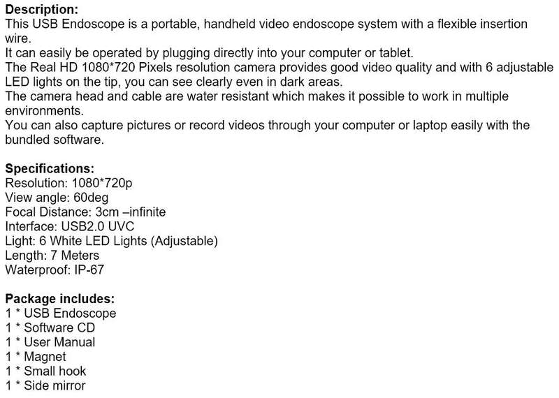 Waterproof USB Camera & Video Endoscope with Magnet, Hook and Side Mirror