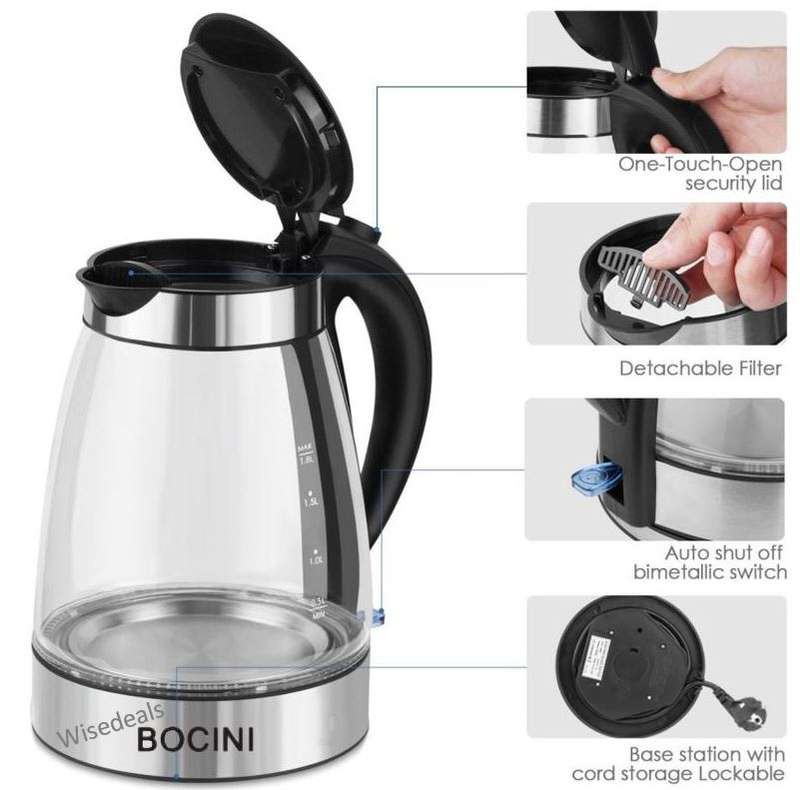 Cordless Electric Modern Glass Kettle with 1.8L Capacity and LED light