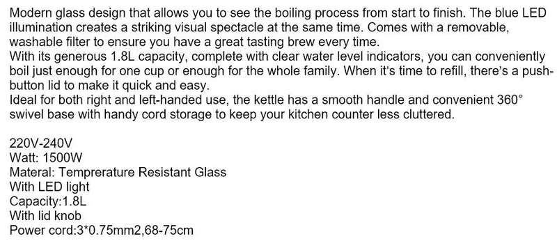 Cordless Electric Modern Glass Kettle with 1.8L Capacity and LED light