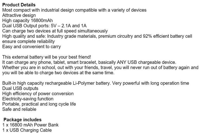 Fast Charge, 16800mAh Power Bank - Charge 2 Devices Simultaneously