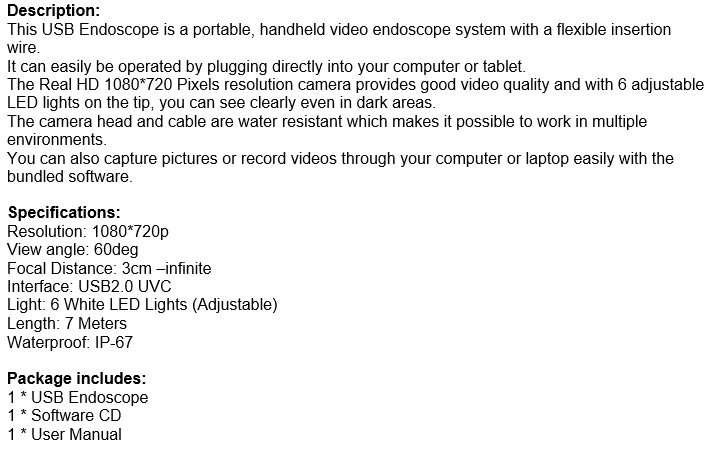 7 Meter Waterproof USB Camera & Video Endoscope