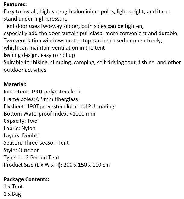 2 Man Tent in Zipper Bag - Lightweight & Easy to Install (200 X 150 X 110 cm)