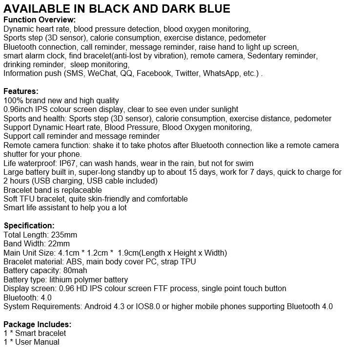 Bluetooth Fitness Tracker Smart Watch - Monitor Heart Rate, Blood Pressure, Blood Oxygen, Pedometer