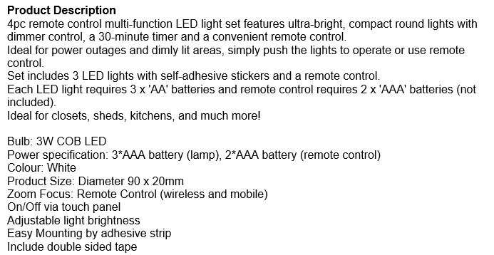 4 Piece Remote Control Multi-function LED Light Set with Dimmer Control & Timer