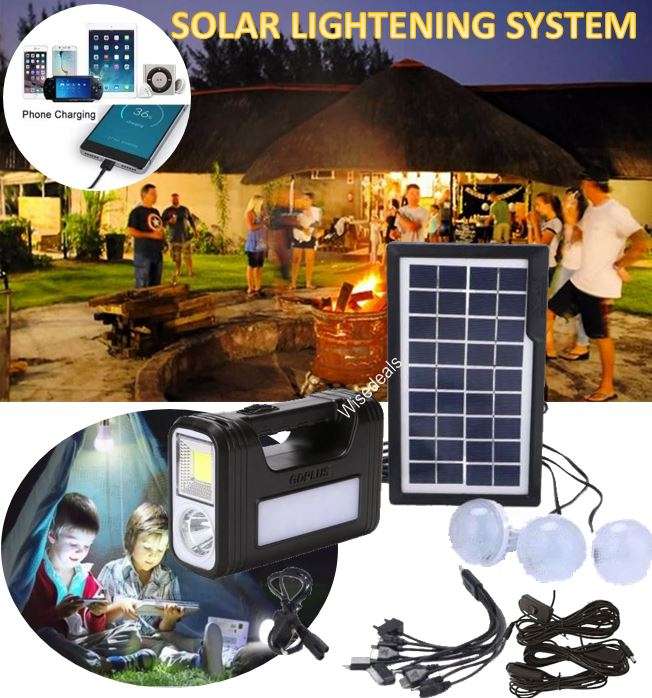 Solar Lightening System - Battery Unit, 3 LED Lamps, Solar Panel, Remote & 10 in 1 Charging Cable