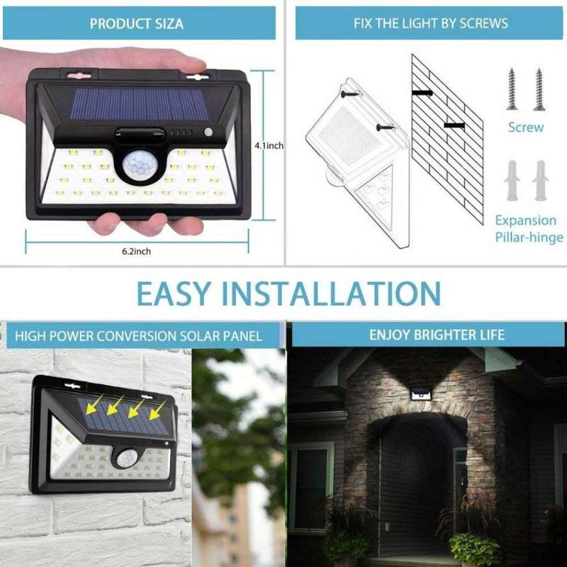 32 LED Solar Wall Light Dim light & Brighten with Motion OR Off and Brighten on with Motion