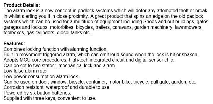 Alarm Lock - Built-in movement triggered alarm with a loud sound when the lock is hit or shaken