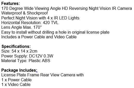 Number Plate with 170 Degree Wide Angle HD Reverse Night Vision IR Camera