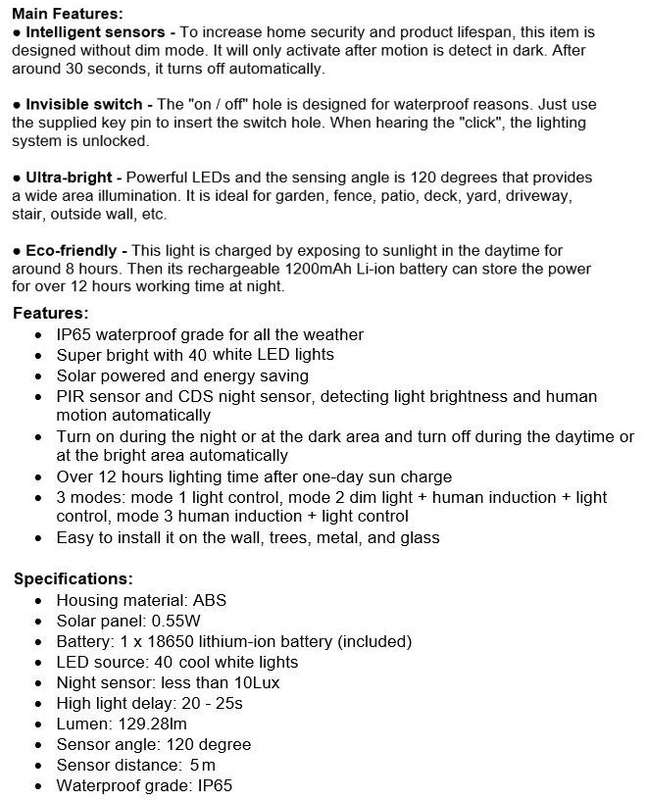 40 LED Solar Power Wall Light, PIR Motion Sensor, Waterproof, Night Sensor & Eco-friendly, 3 Modes