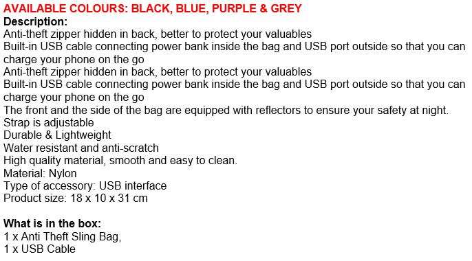 Anti-Theft Sling Backpack with USB Interface
