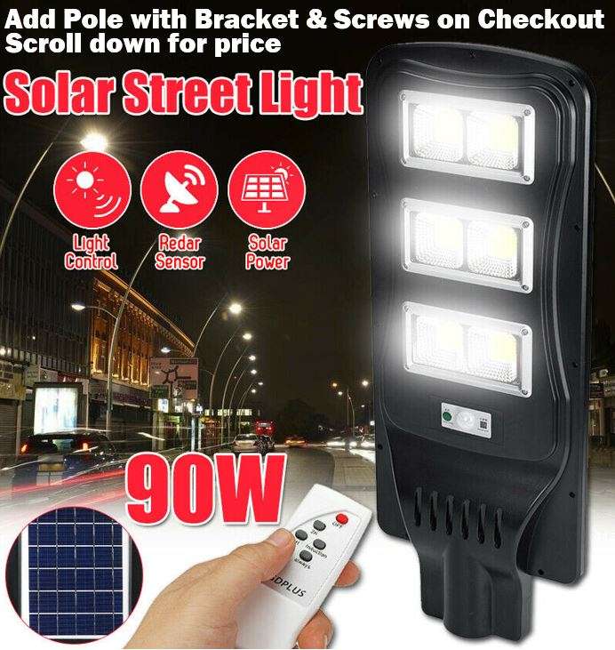 90Watt LED SOLAR Street Light with Remote, PIR, Motion Sensor, Waterproof with 3 Lighting Modes