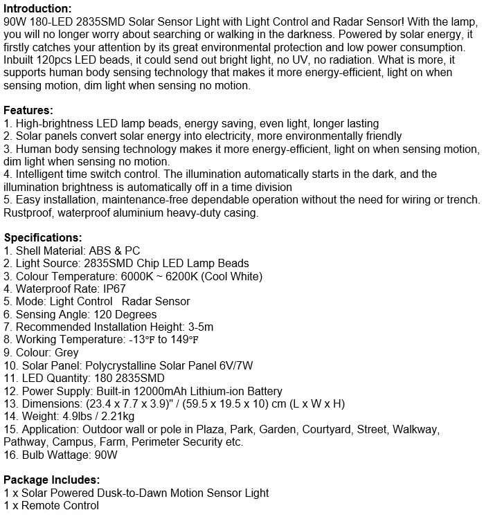 90Watt LED SOLAR Street Light with Remote, PIR, Motion Sensor, Waterproof with 3 Lighting Modes